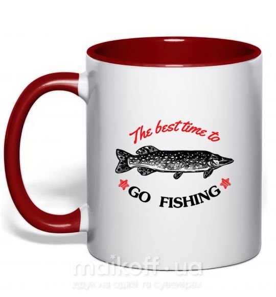 Чашка с цветной ручкой The best time to go fishing Красный фото