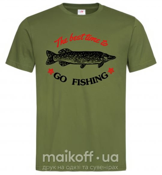 Мужская футболка The best time to go fishing Оливковый фото