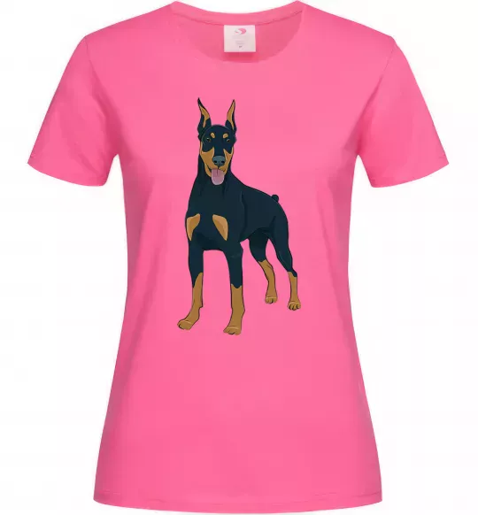 Жіноча футболка Доберман стоїть Яскраво-рожевий фото