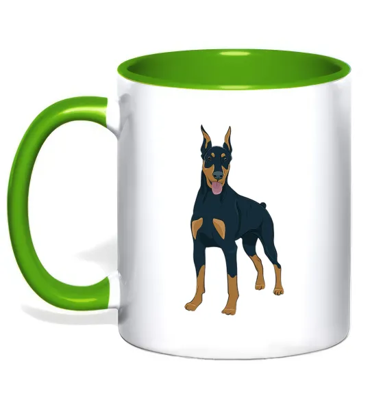 Чашка з кольоровою ручкою Доберман стоїть Лаймовий фото