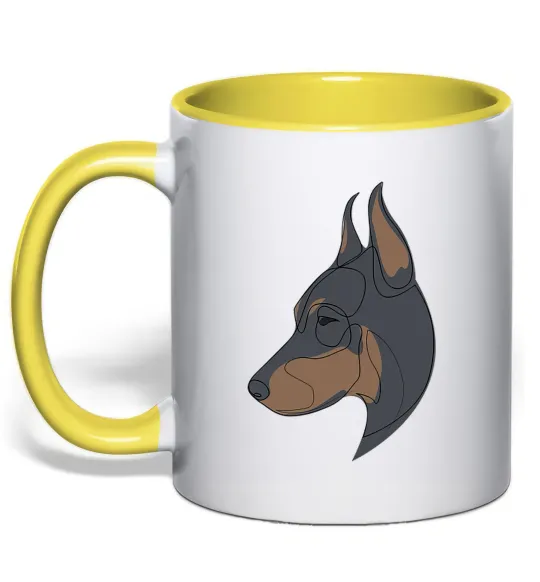 Чашка с цветной ручкой Доберман портрет Лимонный фото