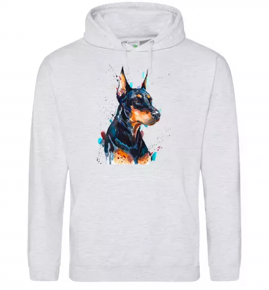 Мужская толстовка (худи) Watercolor doberman Серый меланж фото