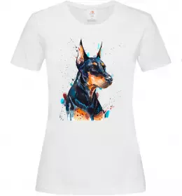 Жіноча футболка Доберман показує язик Білий фото Жіноча футболка Доберман показує язик Білий фото