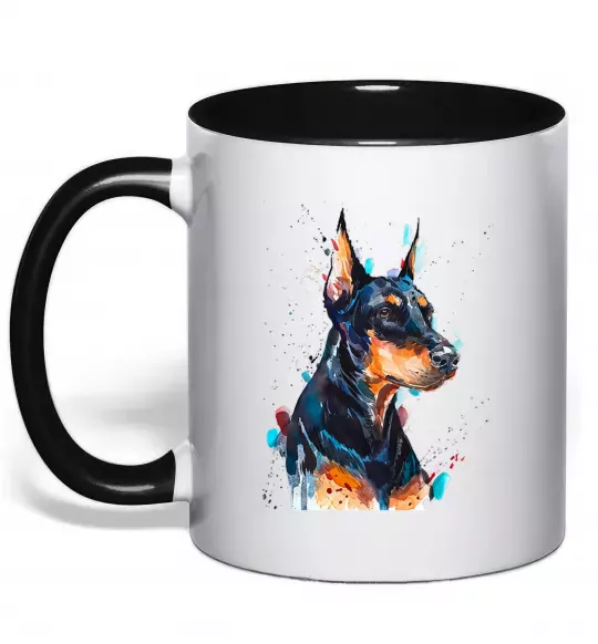 Чашка з кольоровою ручкою Watercolor doberman Чорний фото