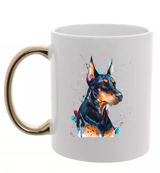 Чашка з кольоровою ручкою Watercolor doberman Золото фото