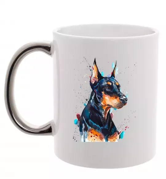 Чашка з кольоровою ручкою Watercolor doberman Срібло фото