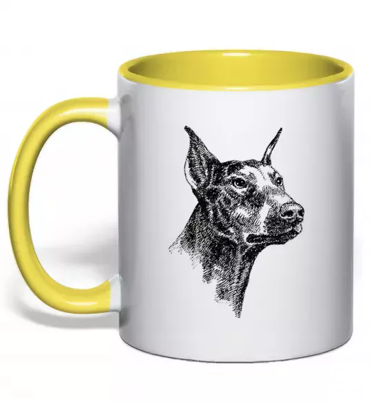 Чашка с цветной ручкой Морда добермана Солнечно желтый фото