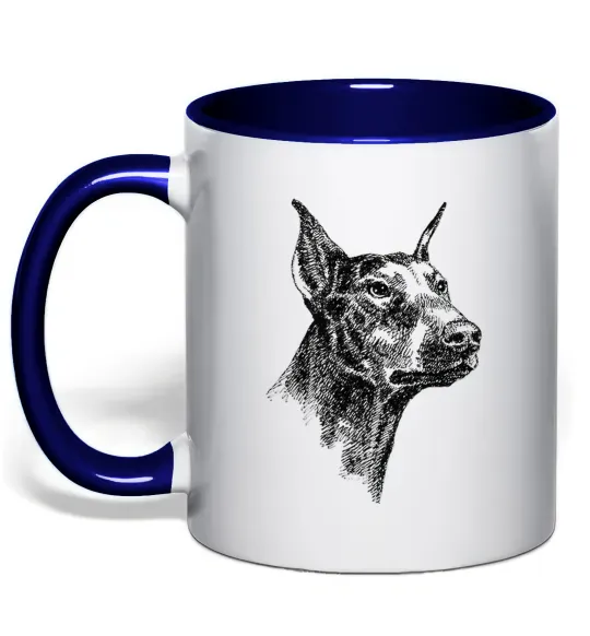 Чашка с цветной ручкой Морда добермана Глубокий темно-синий фото