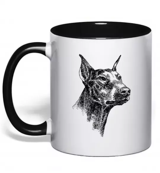 Чашка с цветной ручкой Морда добермана Черный фото