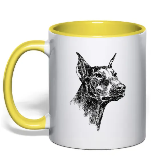 Чашка с цветной ручкой Морда добермана Лимонный фото