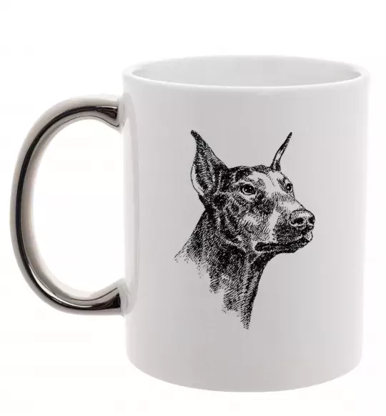 Чашка с цветной ручкой Морда добермана Серебро фото