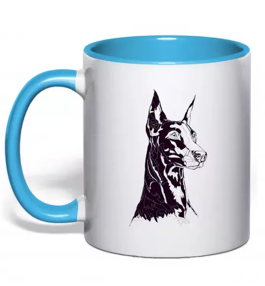 Чашка з кольоровою ручкою Доберман Блакитний фото