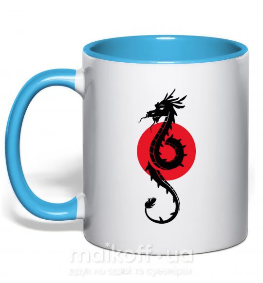 Чашка з кольоровою ручкою Дракон в красном круге Блакитний фото
