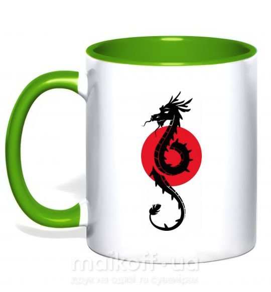 Чашка з кольоровою ручкою Дракон в красном круге Зелений фото