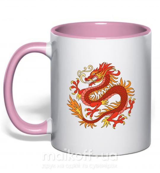 Чашка з кольоровою ручкою Дракон пламя Ніжно рожевий фото
