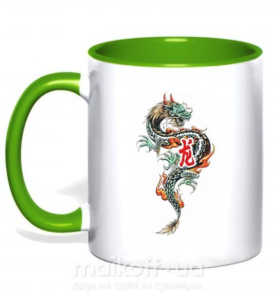 Чашка з кольоровою ручкою Дракон Иероглиф Зелений фото