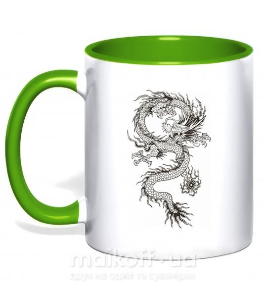 Чашка з кольоровою ручкою Рисунок дракона Зелений фото
