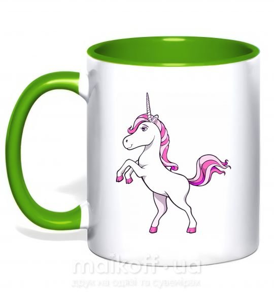 Чашка з кольоровою ручкою Розовый единорог Зелений фото