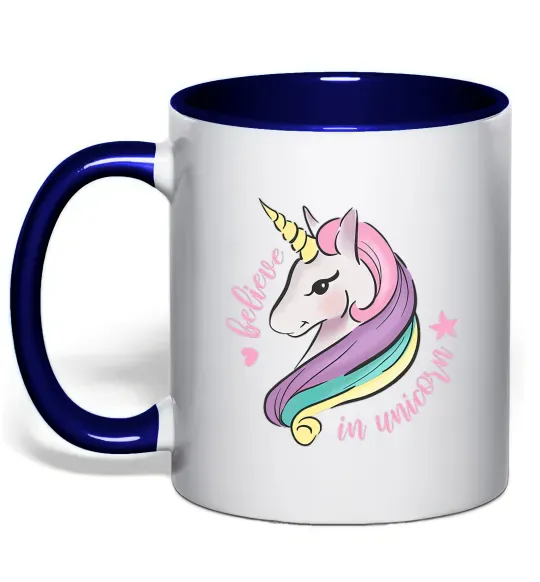Чашка з кольоровою ручкою Believe in unicorn Глибокий темно-синій фото
