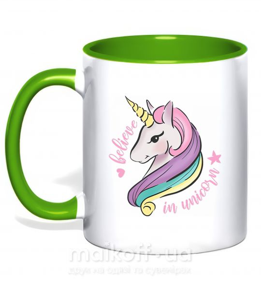 Чашка з кольоровою ручкою Believe in unicorn Зелений фото