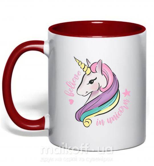 Чашка з кольоровою ручкою Believe in unicorn Червоний фото