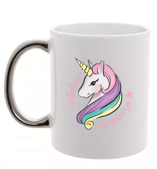 Чашка з кольоровою ручкою Believe in unicorn Срібло фото