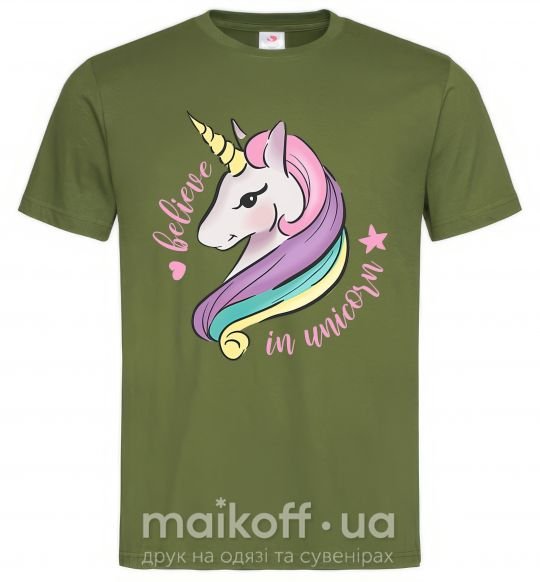 Мужская футболка Believe in unicorn Оливковый фото