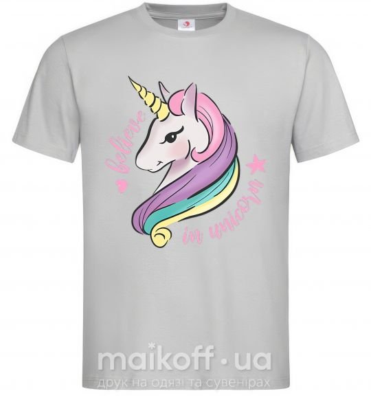 Мужская футболка Believe in unicorn Серый фото