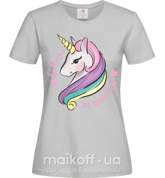 Женская футболка Believe in unicorn Серый фото