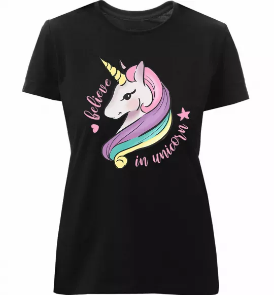 Женская премиум футболка Believe in unicorn Черный фото
