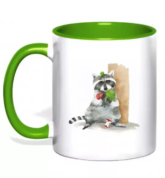 Чашка з кольоровою ручкою Єнот їсть Зелений фото