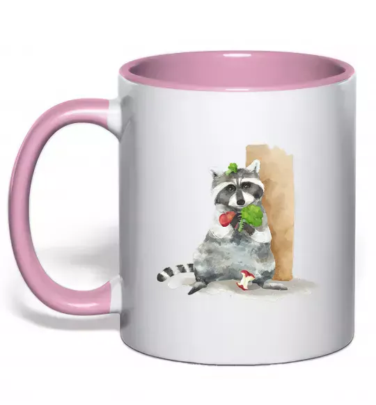 Чашка з кольоровою ручкою Єнот їсть Ніжно рожевий фото