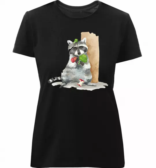 Жіноча преміум футболка Єнот їсть Чорний фото