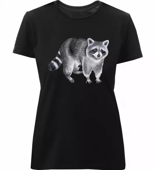 Женская премиум футболка Малюнок єнота Черный фото