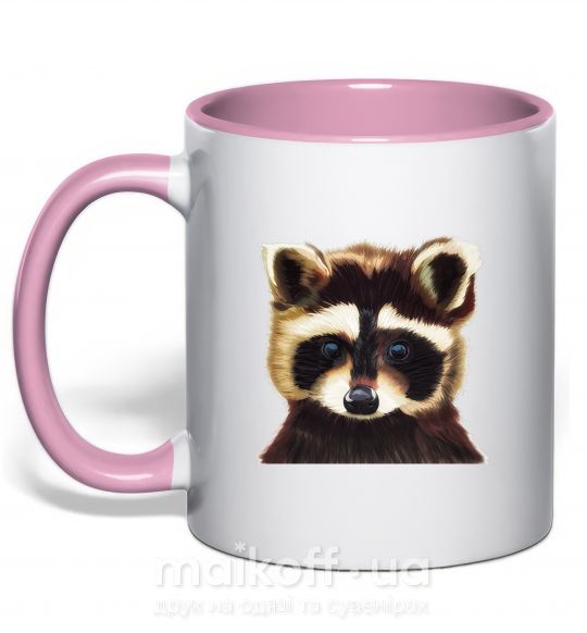 Чашка с цветной ручкой Коричневый енот Нежно розовый фото
