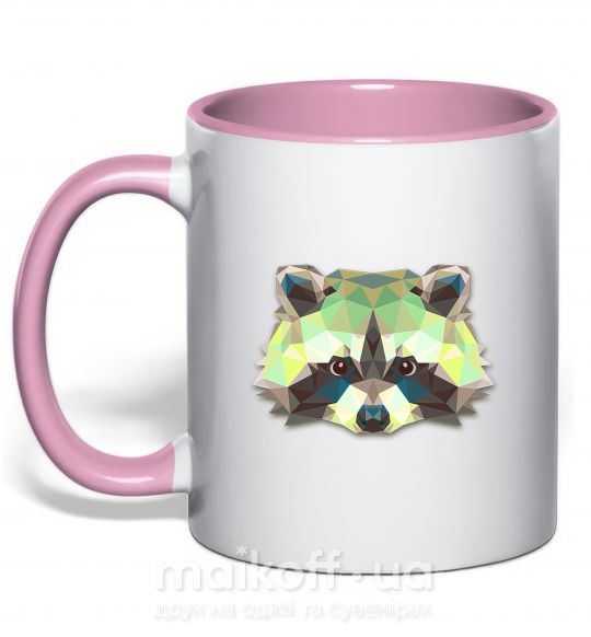 Чашка с цветной ручкой Енот зеленый Нежно розовый фото