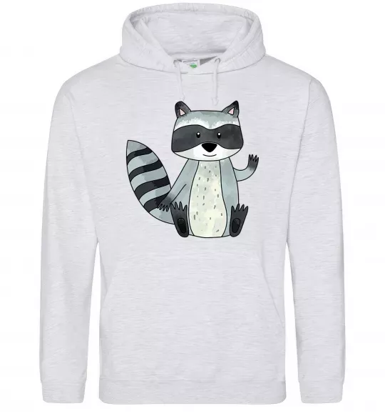 Мужская толстовка (худи) Say hi to racoon Серый меланж фото