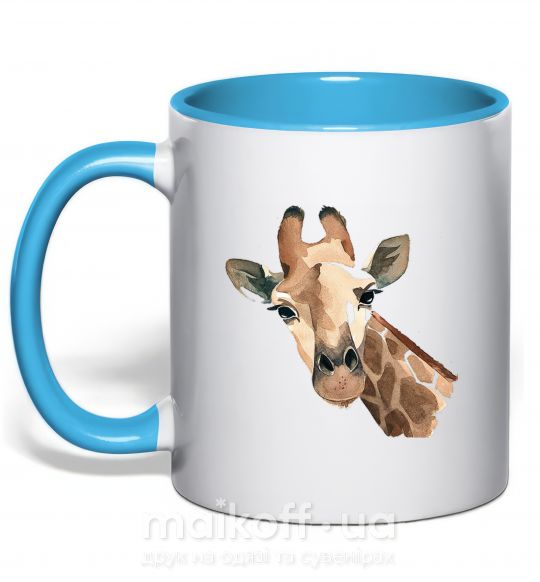 Чашка с цветной ручкой Жираф акварель Голубой фото