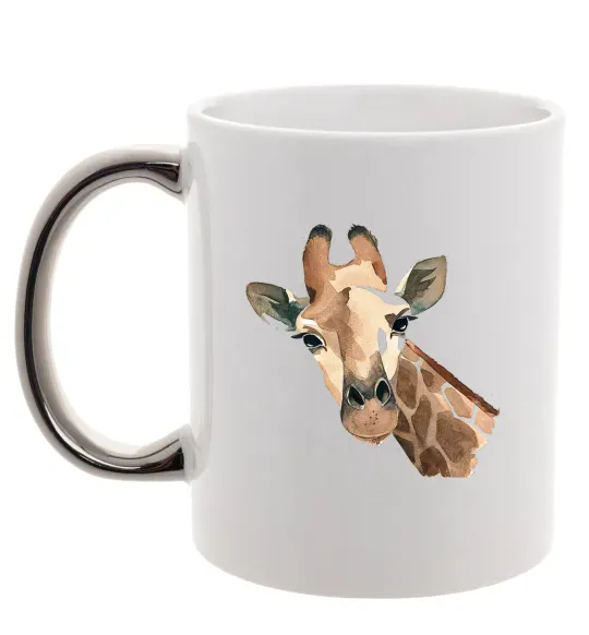 Чашка с цветной ручкой Жираф акварель Серебро фото