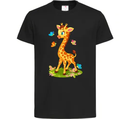 Детская футболка Жирафа з метеликами Черный фото