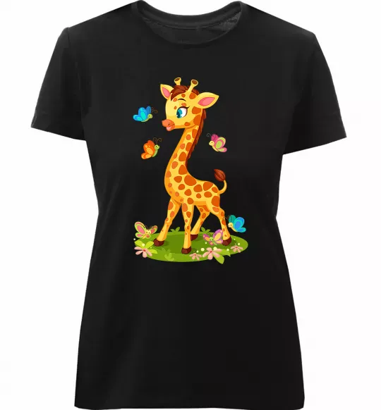 Женская премиум футболка Жирафа з метеликами Черный фото