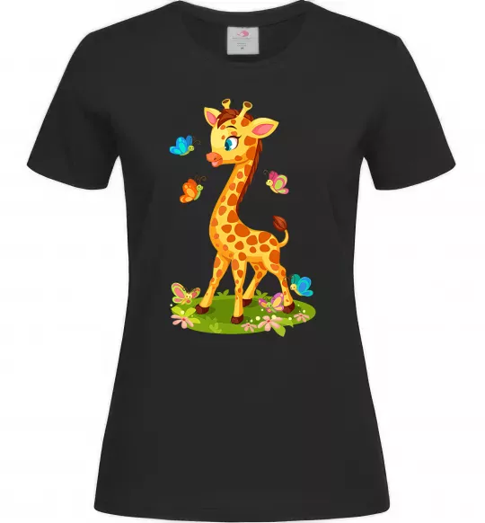 Женская футболка Жирафа з метеликами Черный фото