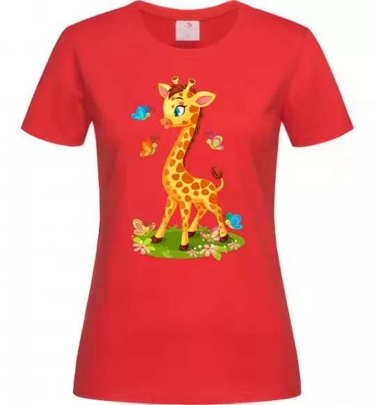Женская футболка Жирафа з метеликами Красный фото