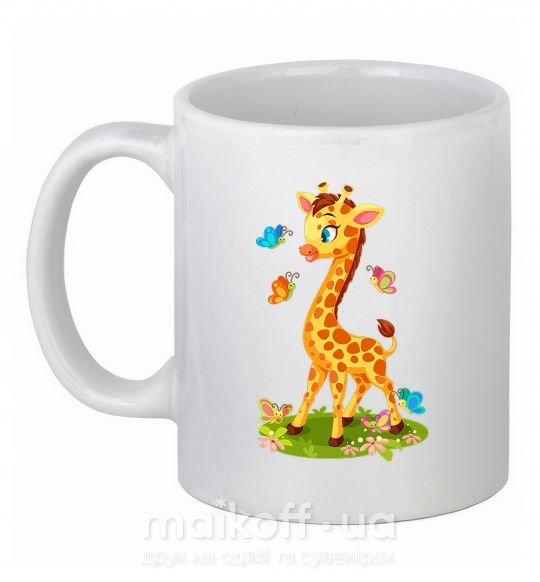 Чашка керамическая Жираф с бабочками Белый фото