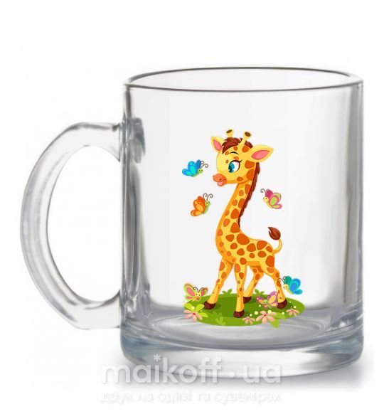 Чашка стеклянная Жираф с бабочками Прозрачный фото