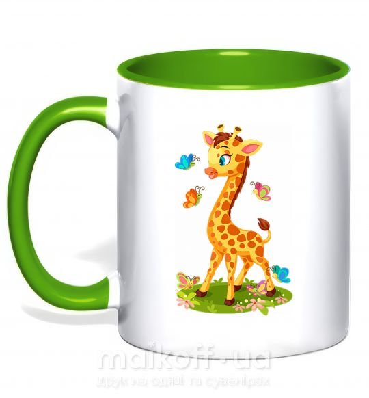 Чашка з кольоровою ручкою Жираф с бабочками Зелений фото