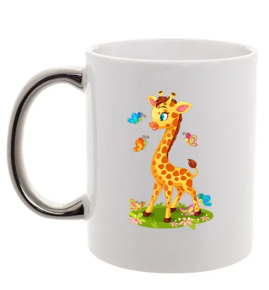 Чашка з кольоровою ручкою Жирафа з метеликами Срібло фото