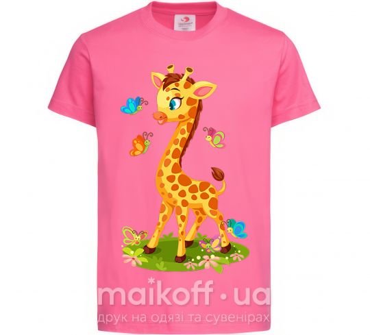 Детская футболка Жираф с бабочками Ярко-розовый фото