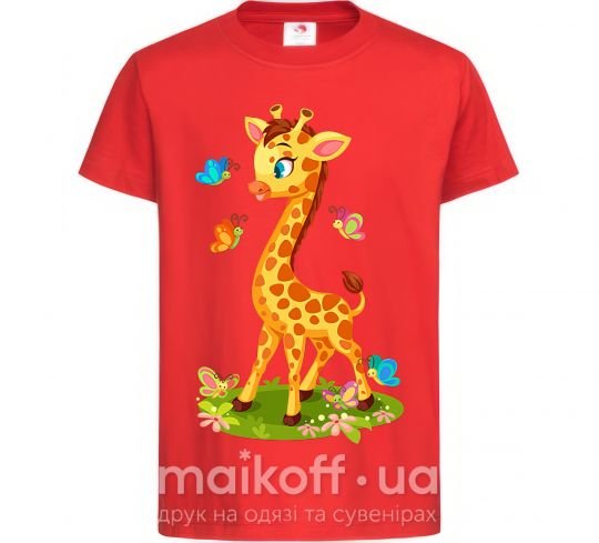Детская футболка Жираф с бабочками Красный фото