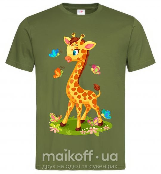 Мужская футболка Жираф с бабочками Оливковый фото